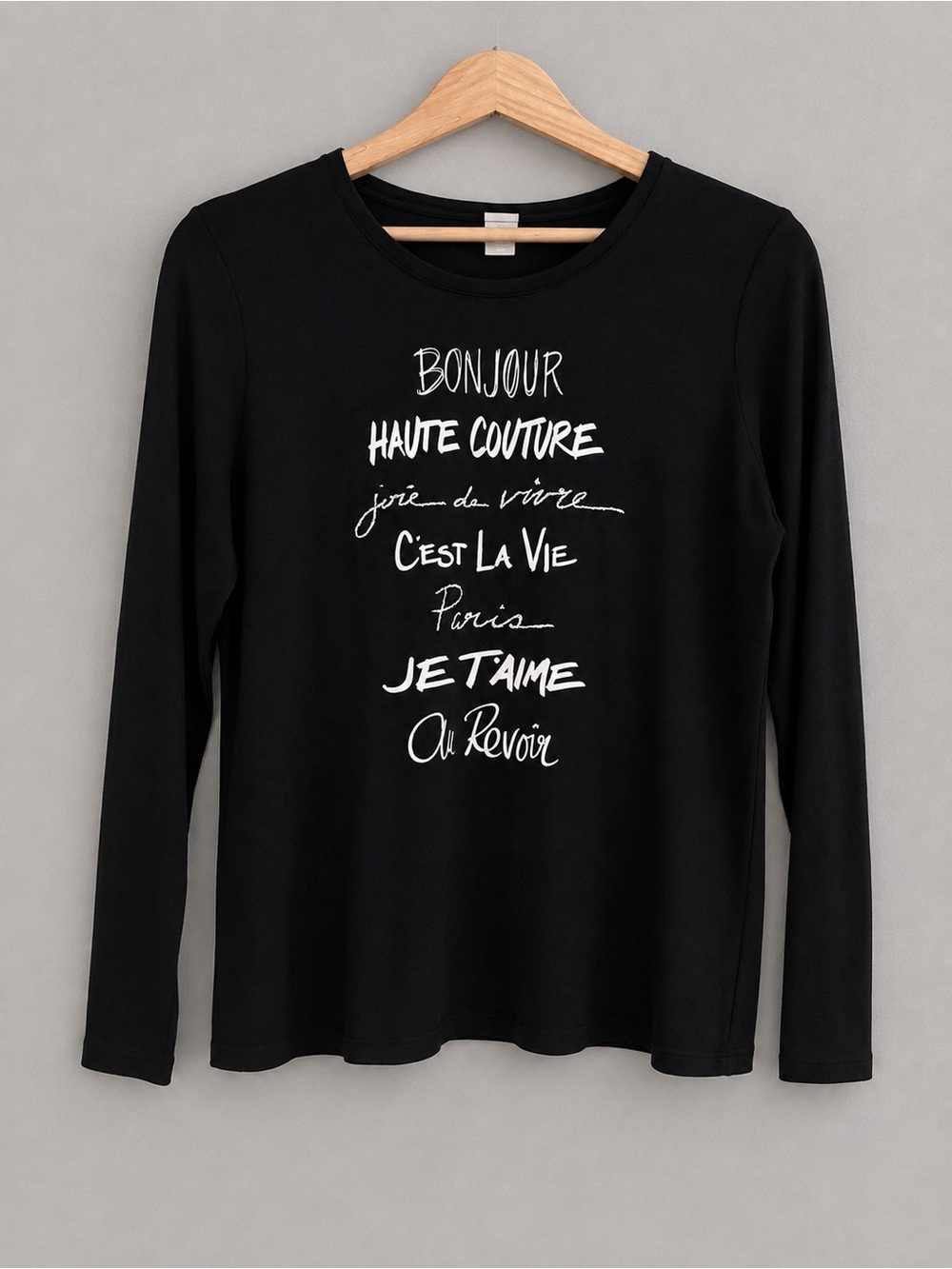 Chico’s Size 1 Black Paris Graphic Long Sleeve Tee Bonjour Haute Couture Top